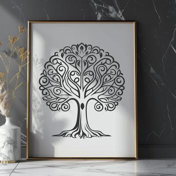 An illustration of a single tree with roots and branches, suitable for digital design.