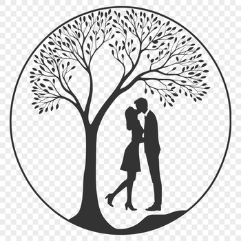 A stylized illustration of a tree with embracing lovers under its branches.