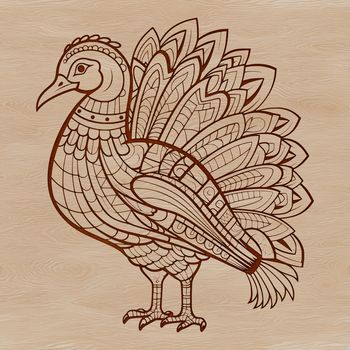 Ornate vector illustration of a farm animal turkey with festive details suitable for Christmas or holiday decoration.