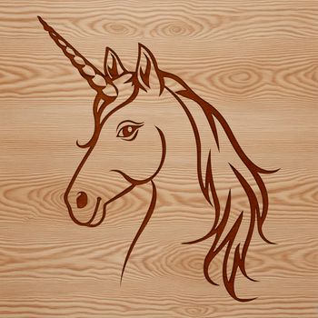 An illustration of a unicorn's head featuring a distinctive horn and flowing mane.