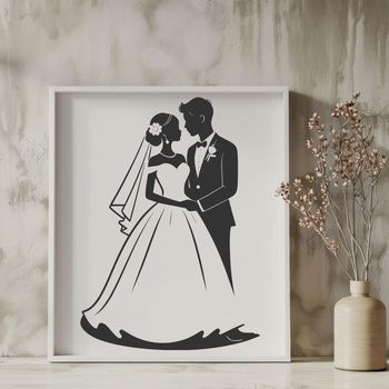A digital illustration of a bride and groom in a romantic setting, designed as vector art.