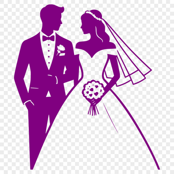 A bride and groom standing together, holding hands, with a subtle wedding decoration background.