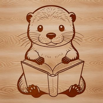 A close-up illustration of a wild otter holding a book in its paws.