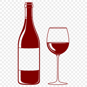 A clear-cut illustration of a glass of red wine with a bottle in the background.