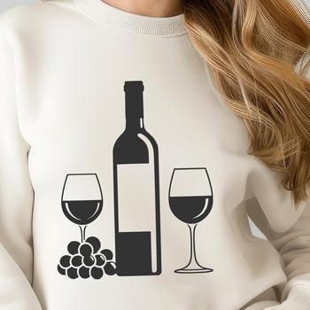A bottle of wine with a glass next to it, depicted in vector format for graphic design purposes.