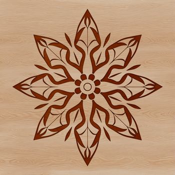 A delicate, symmetrical snowflake illustration in a vector format.