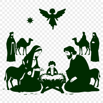 Traditional Nativity scene vector art illustration with 3D-style figures in a night sky setting.