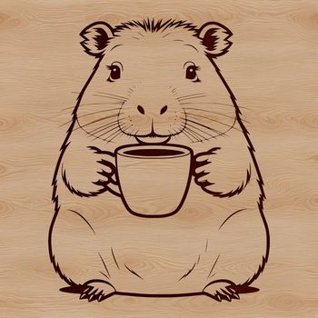 A close-up illustration of a capybara's face with water features in the background.