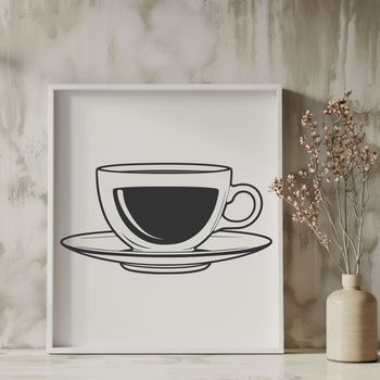 Illustrated teacup design with decorative handle and floral patterns