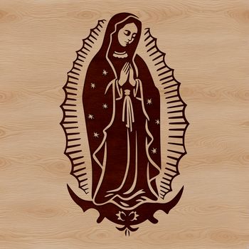 A detailed illustration of the Virgin Mary, depicted in traditional ornate style.