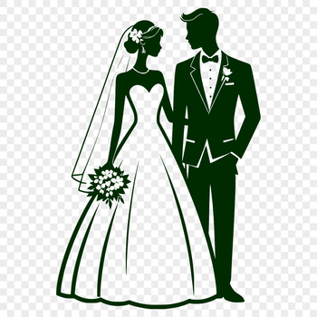 A stylized illustration of a happy couple exchanging vows on their special day, ideal for wedding invitations or decorations.