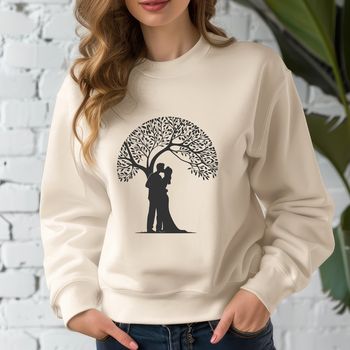 A minimalist illustration of a tree with intertwined branches, symbolizing love and connection.