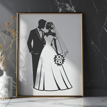 Wedding illustration featuring a bride and groom in a romantic setting.