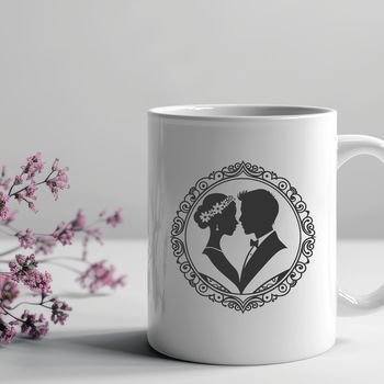 A stylized illustration of a bride and groom in a romantic setting.