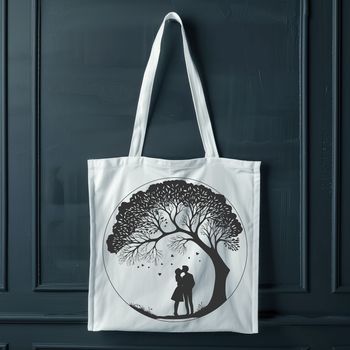 A stylized illustration of an embracing couple under a tree, symbolizing love and connection.