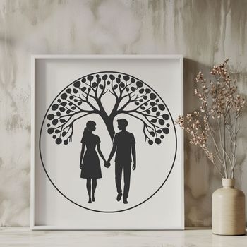 A stylized illustration of a tree with intertwined branches, representing love and unity.