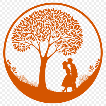 Illustration of a couple embracing under a tree with intertwined branches, symbolizing love and connection.