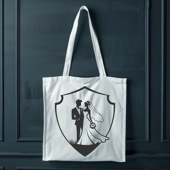 A stylized illustration of a bride and groom holding hands with floral decorations surrounding them.