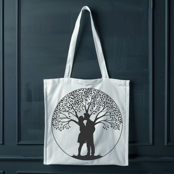 A stylized illustration of two people embracing under the branches of a tree, symbolizing love.