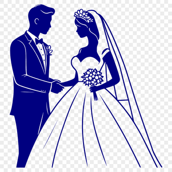 A vector illustration of a happy couple on their special day, with the bride in a white dress and the groom in a suit.