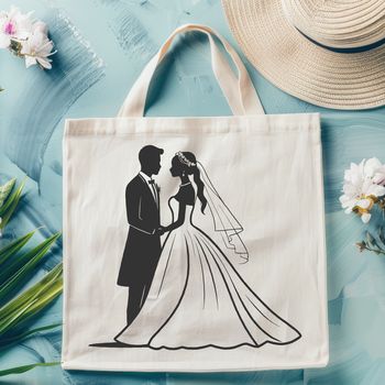 A vector illustration of a couple getting married, featuring the bride and groom in a romantic setting.