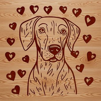 A high-quality digital illustration of a Weimaraner breed dog with decorative heart patterns incorporated into its design.