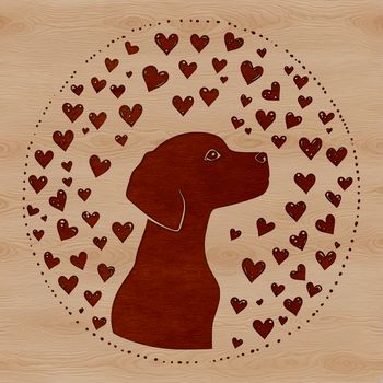 A close-up illustration of a Weimaraner dog's head with heart details in its fur.