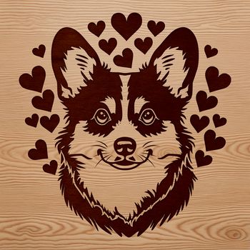 A depiction of a Welsh Corgi's head with love hearts surrounding it.