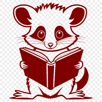 A cartoon possum reading a book in a forest setting.