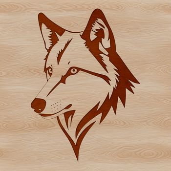 A detailed illustration of a wolf's head with sharp features.