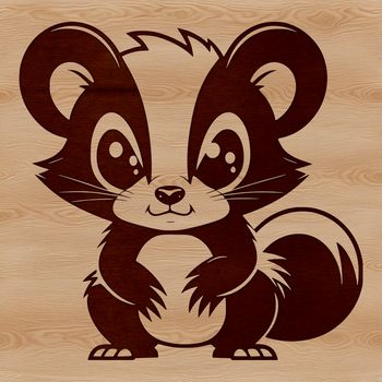 A skunk with black and white striped fur, standing on its hind legs in a natural setting.
