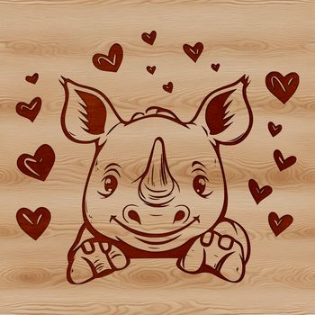 An African rhinoceros with heart symbols peeking out from behind its horn, depicted as a vector graphic.