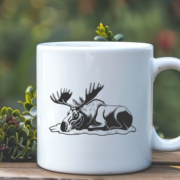 A realistic illustration of a moose in a sleeping pose, suitable for vector art designs.