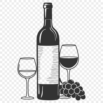 A simple illustration of a glass filled with red wine next to an empty bottle.