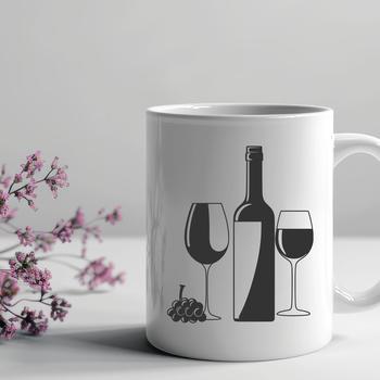 A stylized illustration of a bottle of wine with a glass on the side.