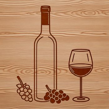 A detailed illustration of a glass of red wine sitting next to an open bottle.