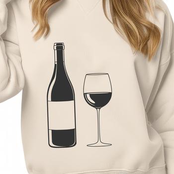 A simple illustration of a glass of wine with a bottle in the background.
