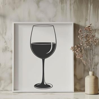 A stylized illustration of a wine glass filled with red wine on a table or countertop.