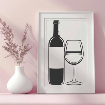 An illustration of a glass filled with red wine, sitting next to a bottle on a table.
