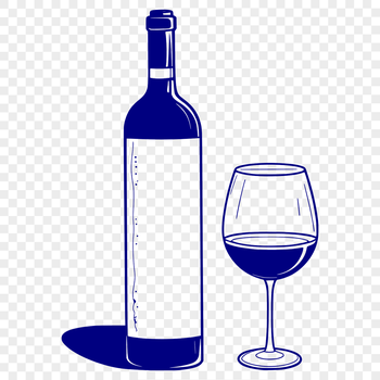 A glass filled with red wine sitting on a table next to an empty bottle.