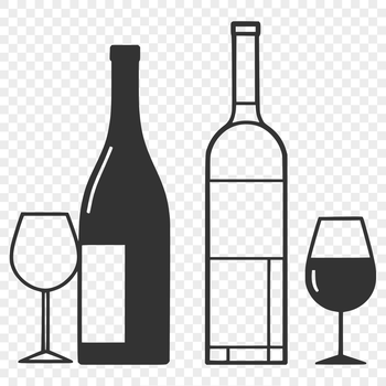 A vector graphic representation of a bottle of wine with a poured glass on the side.