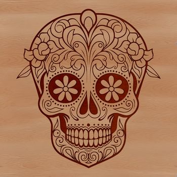A detailed illustration of witchcraft symbols, including ornate skull motifs, set against a gothic background.
