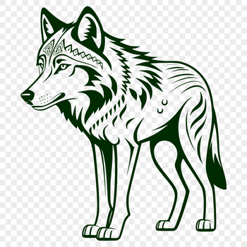 A digital illustration of a standing wolf from head to paw.