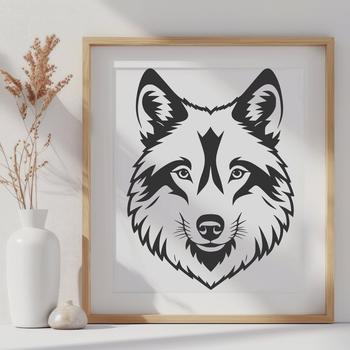 An SVG graphic representation of a wolf's face, suitable for various design applications.