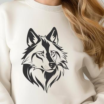 A digital rendering of a wolf's head in vector format suitable for various design applications.