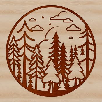 A detailed, digital illustration of a forest landscape with multiple trees and foliage.