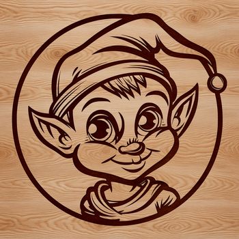 A small, mischievous-looking Christmas elf character with a pointed hat.