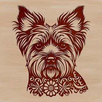 A close-up illustration of a Yorkshire terrier's head featuring ornate floral patterns.