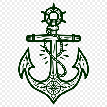 A stylized illustration of a nautical anchor with ornate details.