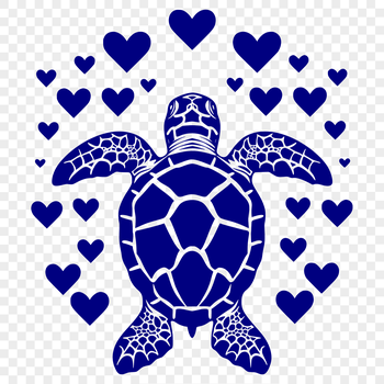A full-body illustration of a sea turtle with love hearts incorporated into its design.